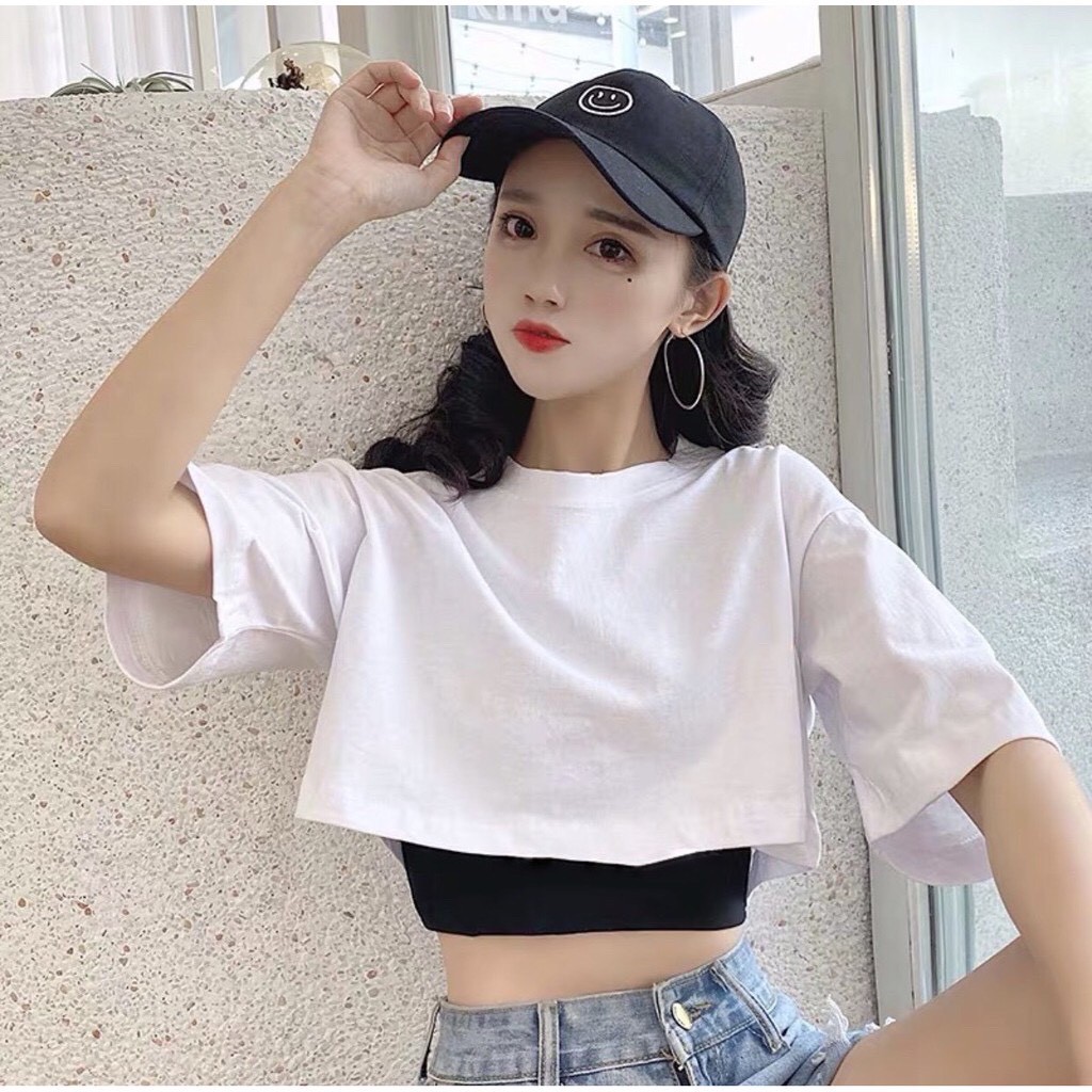 Áo croptop trơn form rộng tặng kèm áo lót