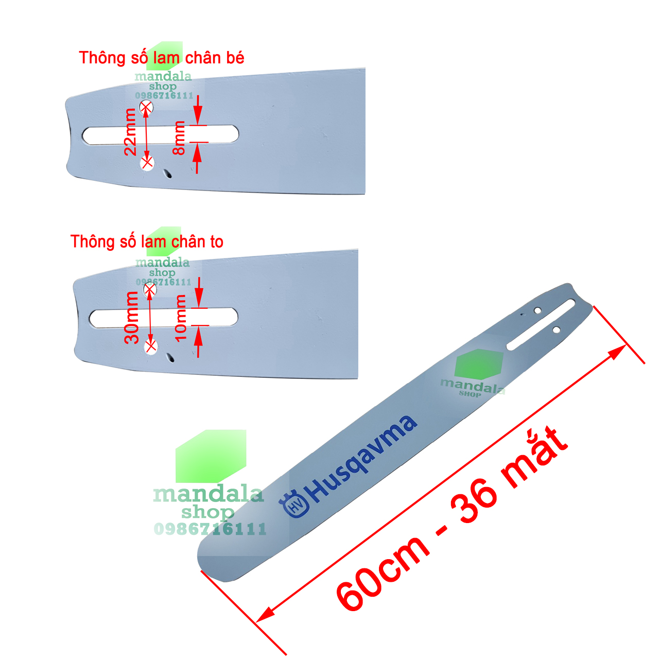LAM MÁY CƯA XĂNG DÀI 20″- 50CM(60CM)  - xích tương ứng 36 mắt. Chân to, chân bé tùy chọn