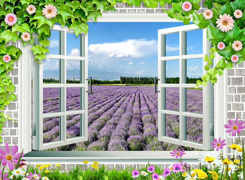 Tranh dán tường 3d cửa sổ phong cảnh thiên nhiên trang trí phòng khách phòng ngủ giá rẻ đẹp chất liệu decal pp keo sẵn bóc dán PA