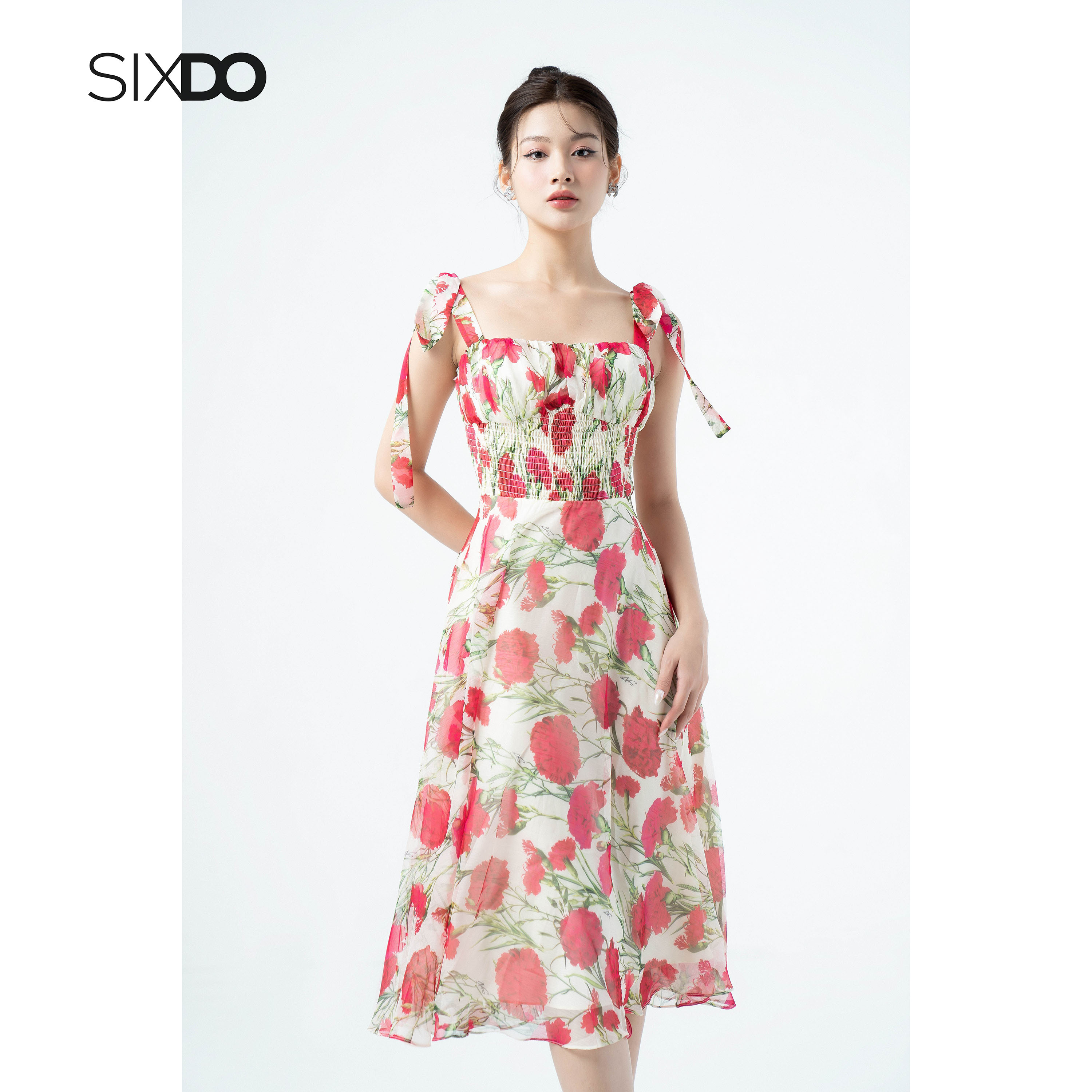 Đầm hoa midi 2 dây chun eo thời trang SIXDO-Z
