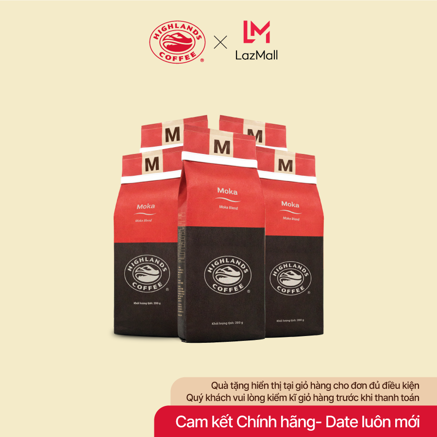 [Hot Deal: Mua 5 gói tặng 01 gói Moka 200g] Combo 5 Cà phê rang xay Moka Highlands Coffee 200g. Quà tặng (nếu có) hiển thị tại giỏ hàng.