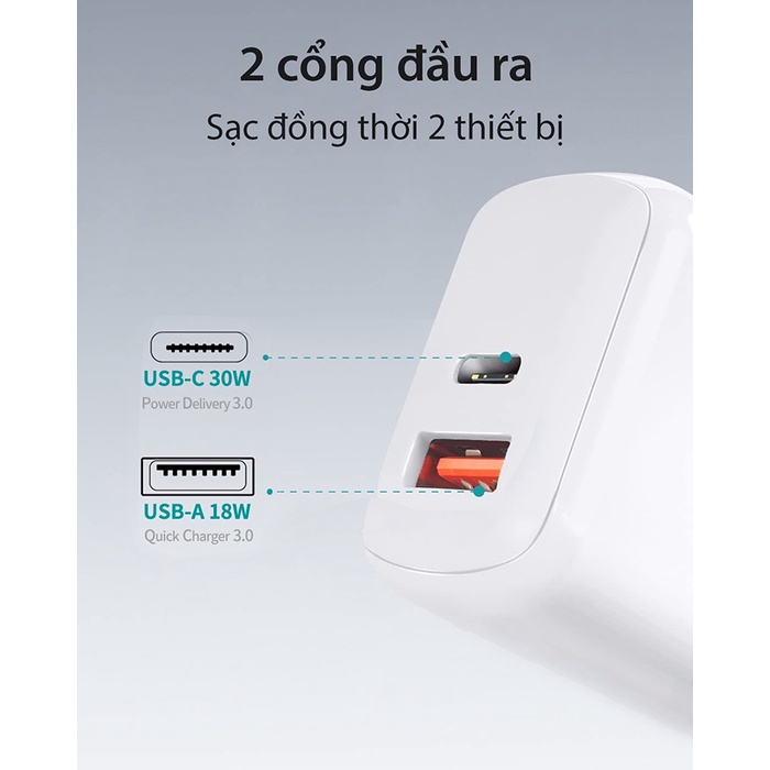 Củ sạc nhanh Bagi 30W 2 cổng USB Type-C PD30W
