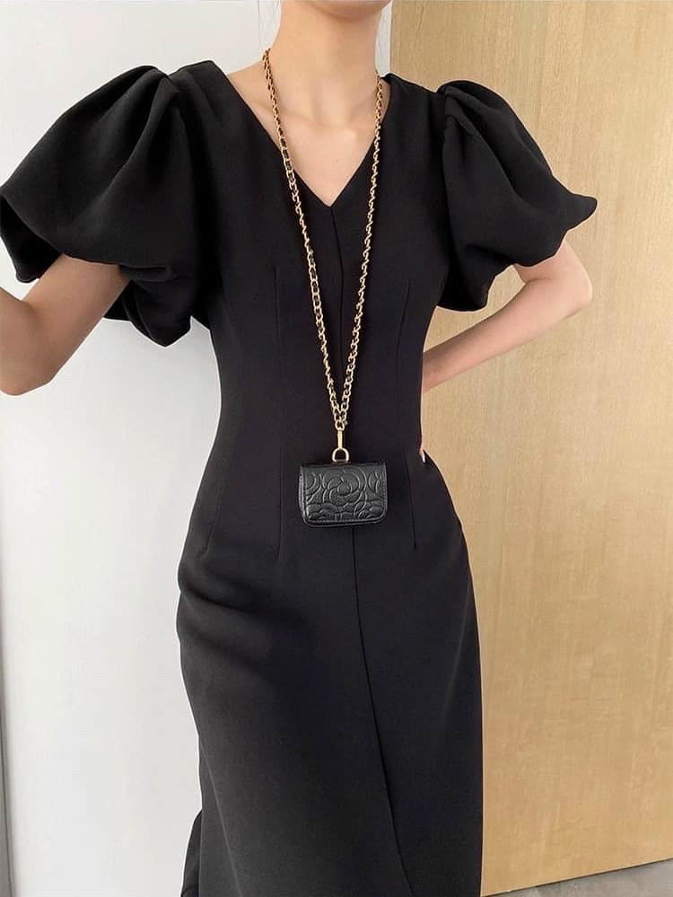 Đầm cổ v tay phồng 2 màu