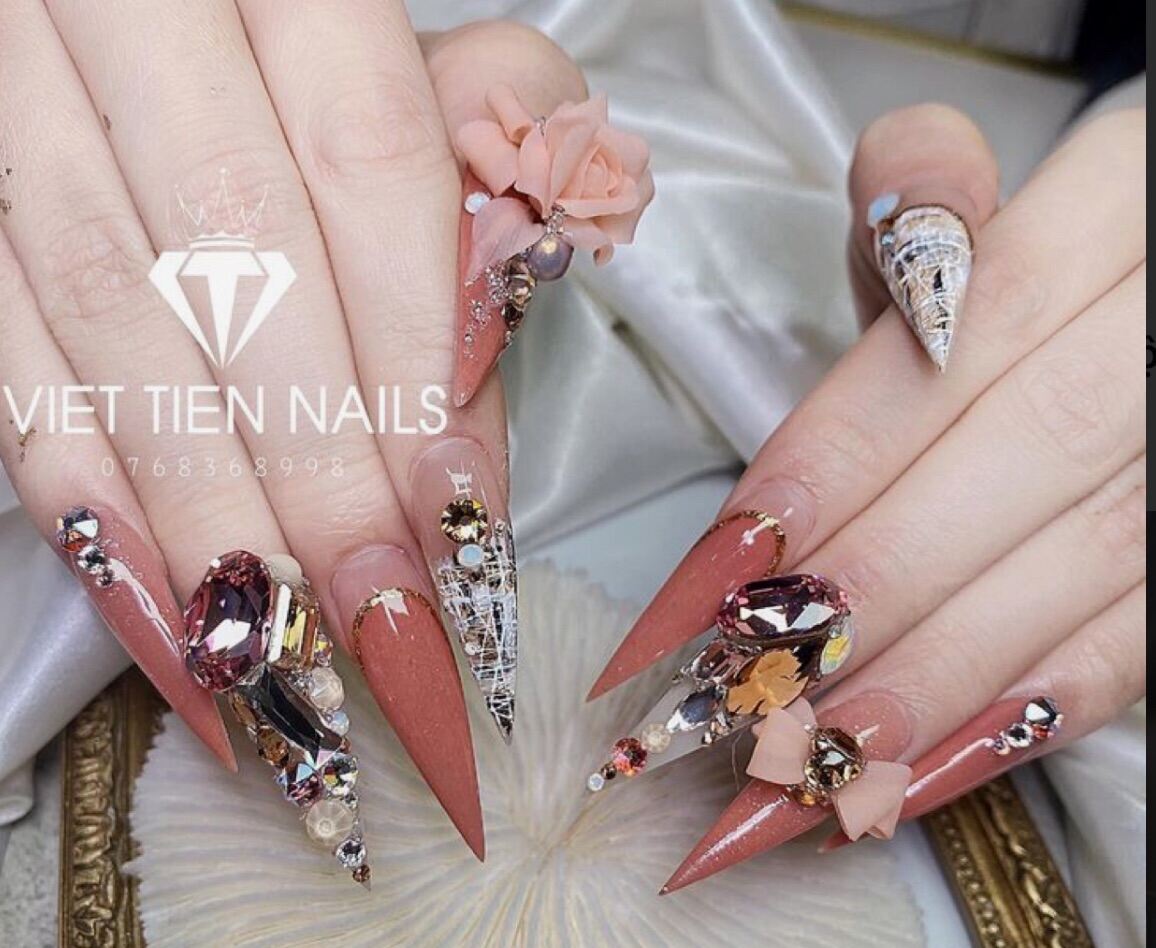 Nail box thiết kế hoa bột đính đá - 24 móng up đính đá cao cấp