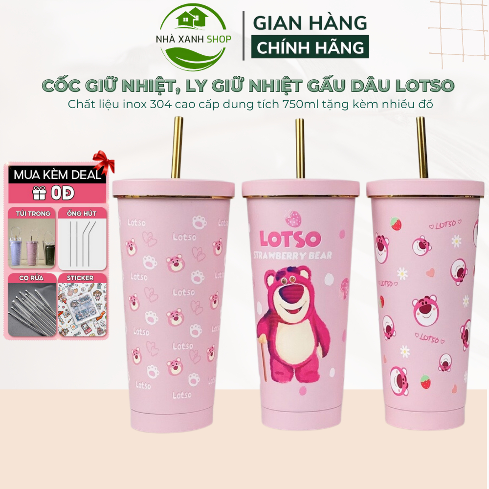 Ly giữ nhiệt, cốc giữ nhiệt gấu dâu LOTSO, dung tích lớn 750ml chất liệu inox 304, bình giữ nhiệt lâu từ 8-12 giờ tặng kèm ống hút, túi đựng cốc và cọ vệ sinh