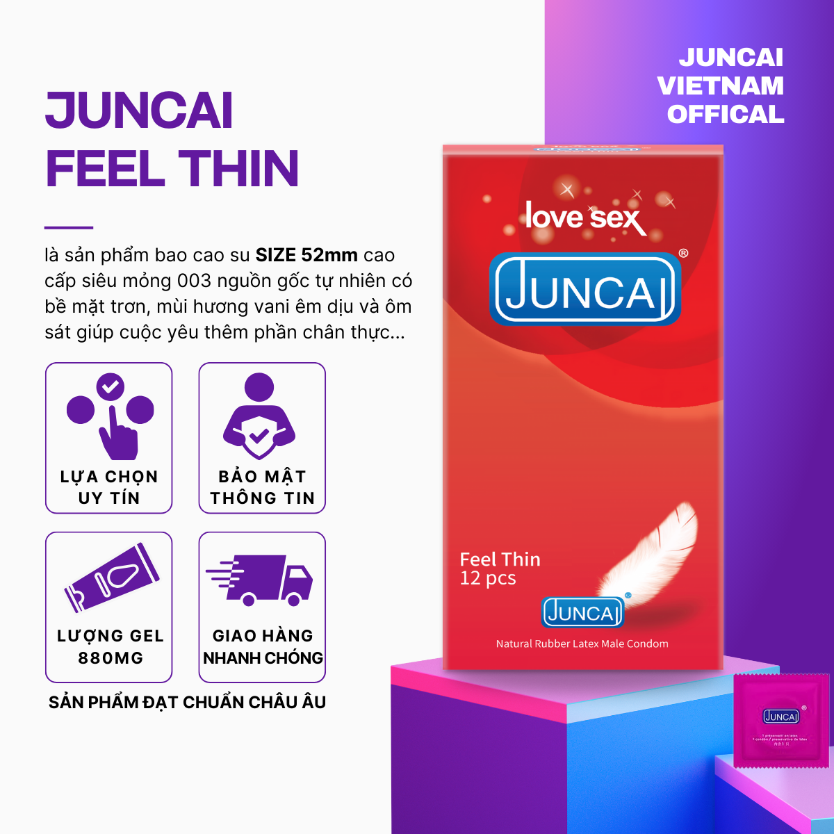 Bao Cao Su Juncai Feel Thin Siêu Mỏng, Nhiều Gel Bôi Trơn ( Hộp 12 Chiếc)