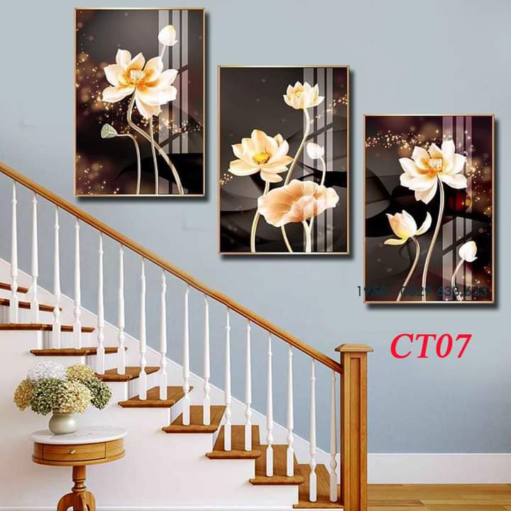 [Xưởng tuyển đại lý] - Bộ tranh phủ kim sa lấp lánh ánh kim 3 bức treo cầu thang có khung phong cách hiện đại