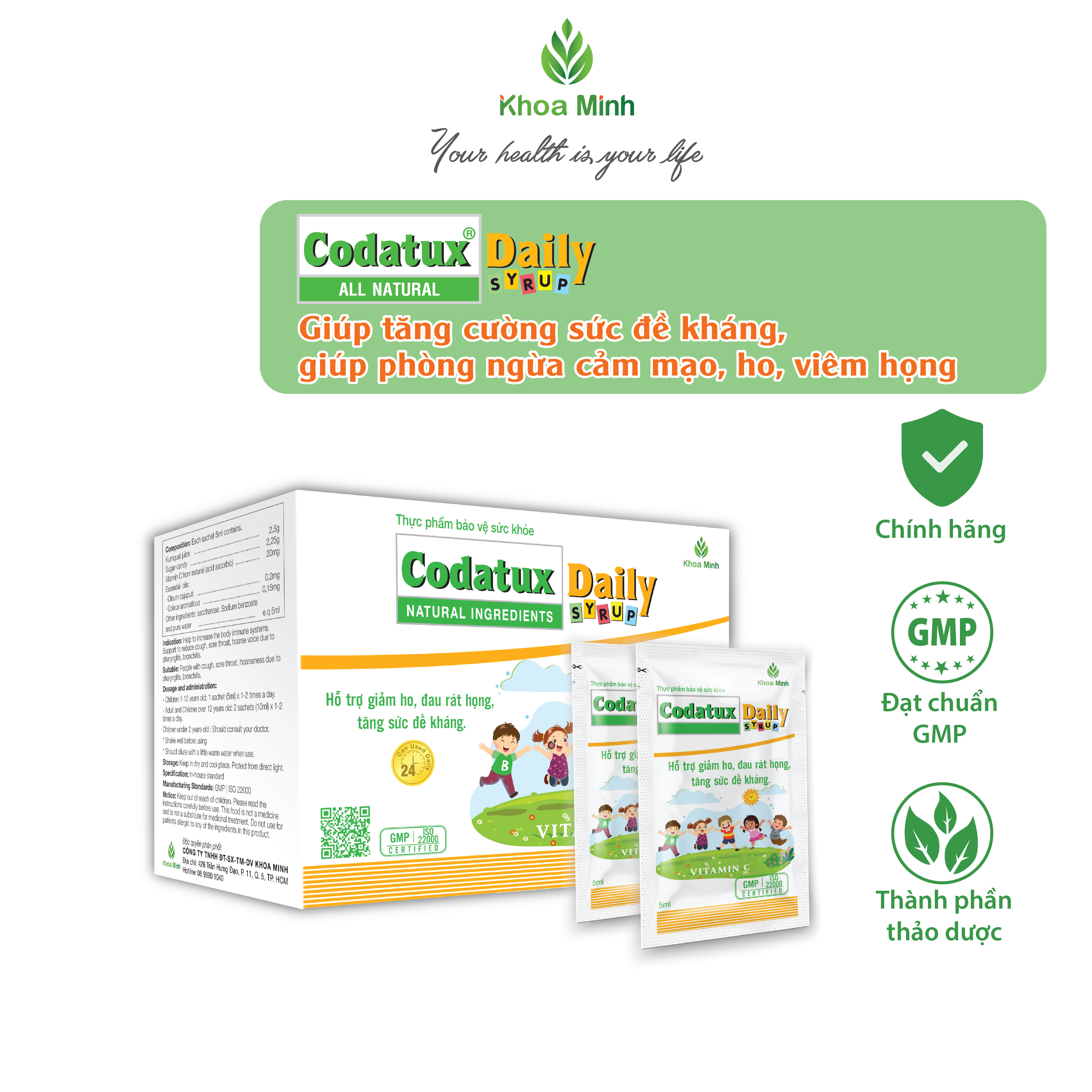 Codatux Daily syrup hộp 30 gói, phòng ngừa cảm mạo, ho, viêm họng