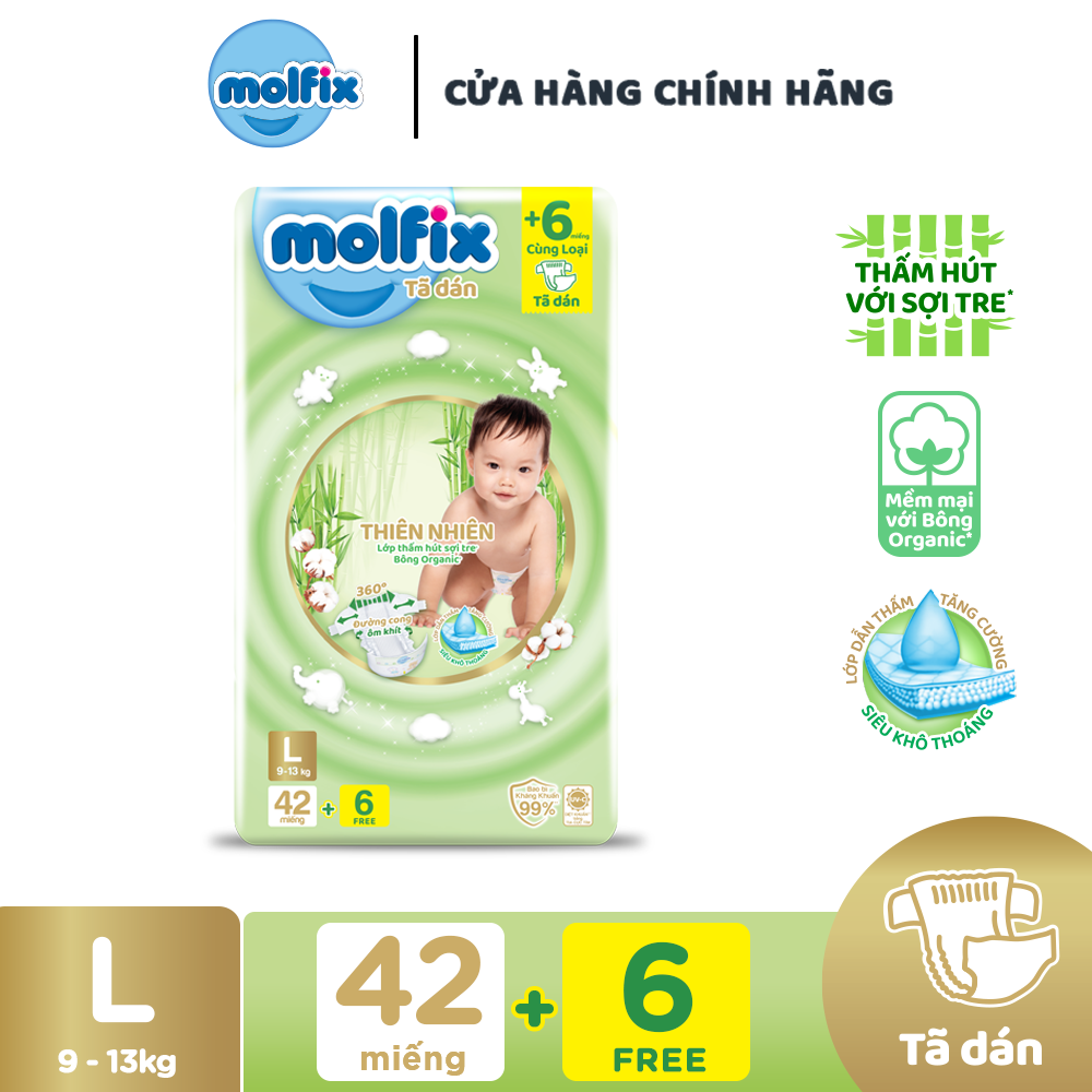 [Đơn 399K Tặng 2 miếng tã quần size L ] Tã/bỉm dán Molfix Thiên nhiên Jumbo L (9kg - 13kg) - Gói 42+6 miếng