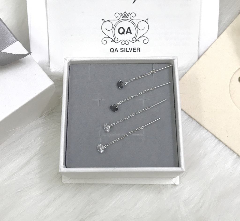 Khuyên tai bạc 925 dáng dài nụ đính đá đen trắng bông nữ S925 CHAIN QA SILVER Earrings EA250503