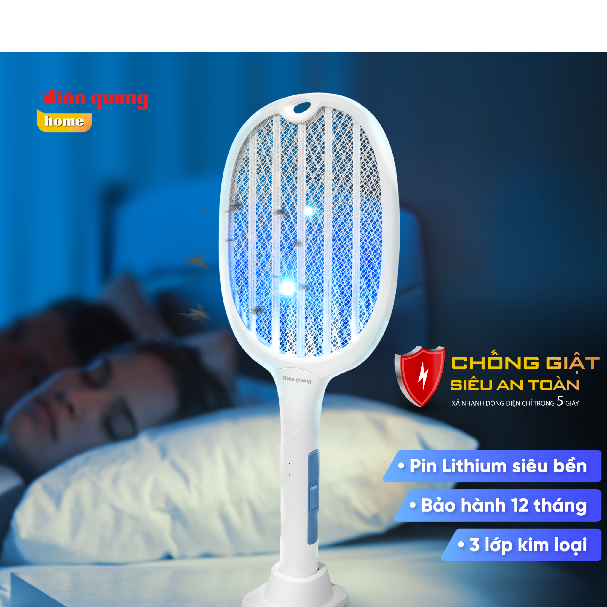 Vợt muỗi tự động kiêm Đèn bắt muỗi 2 trong 1 tự động sạc điện, vợt bắt muỗi Điện Quang.