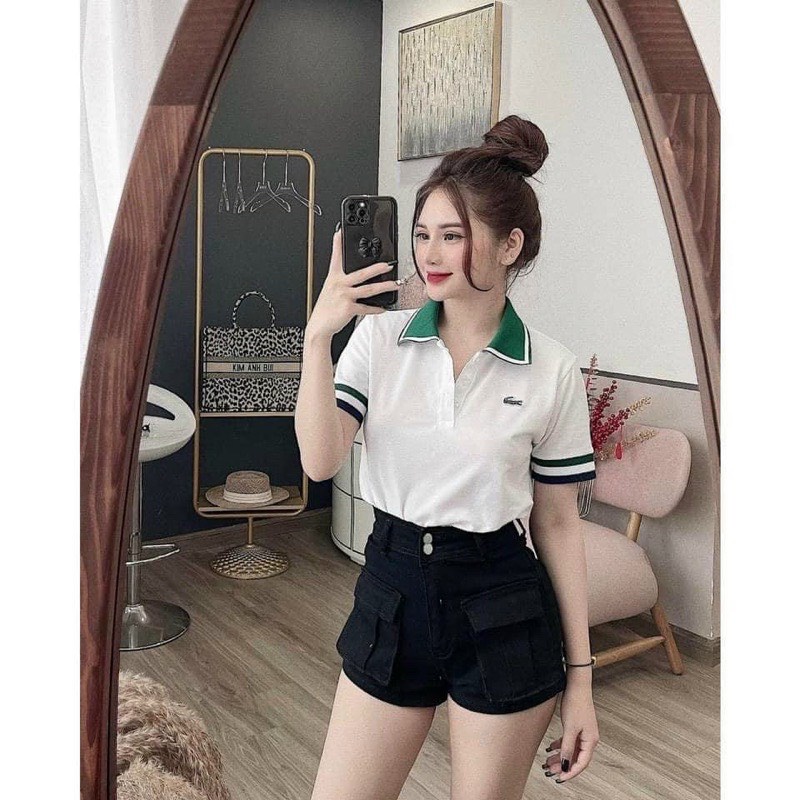 Áo phông nữ cổ bẻ phối tay phom thụng