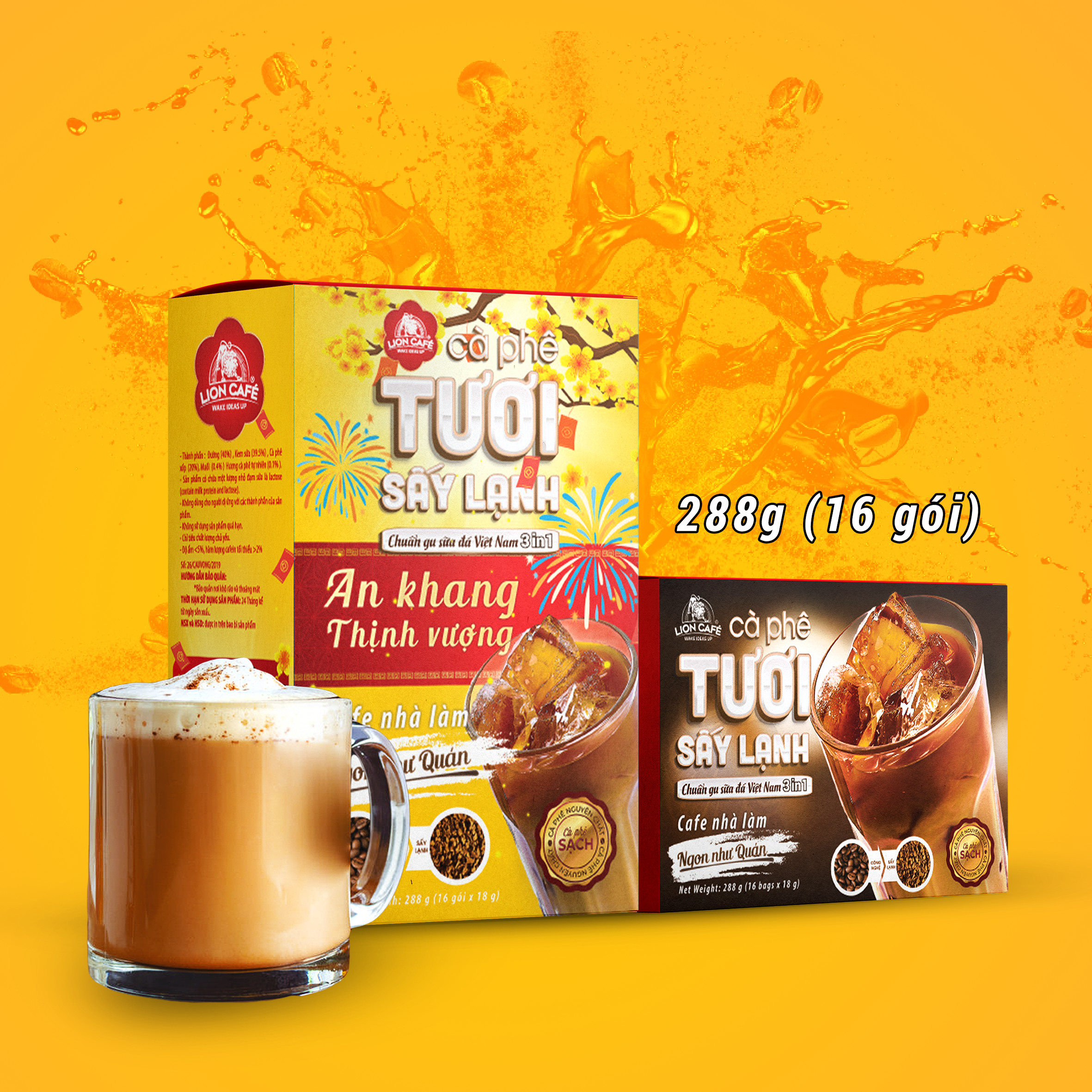 LION CAFE - Cà phê hòa tan 3in1 - Cà phê TƯƠI Sấy Lạnh - Gu Nhà Làm - Hộp 288g (16 gói x 18g)