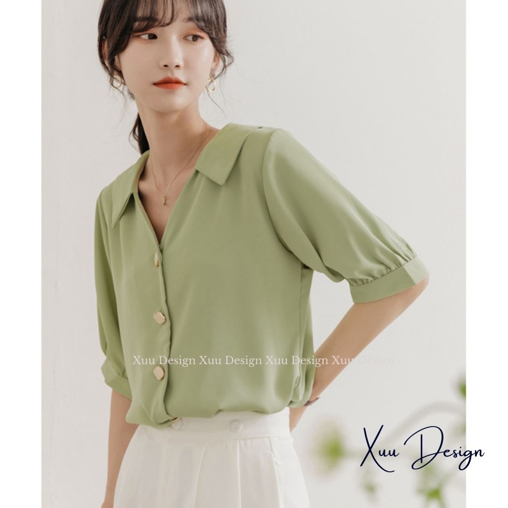 Áo sơ mi nữ kiểu cổ V Xuu , kiểu dáng basic trơn tay lỡ thời trang - SP44