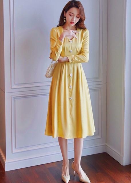 [HCM]Đầm vàng xếp li tay dài