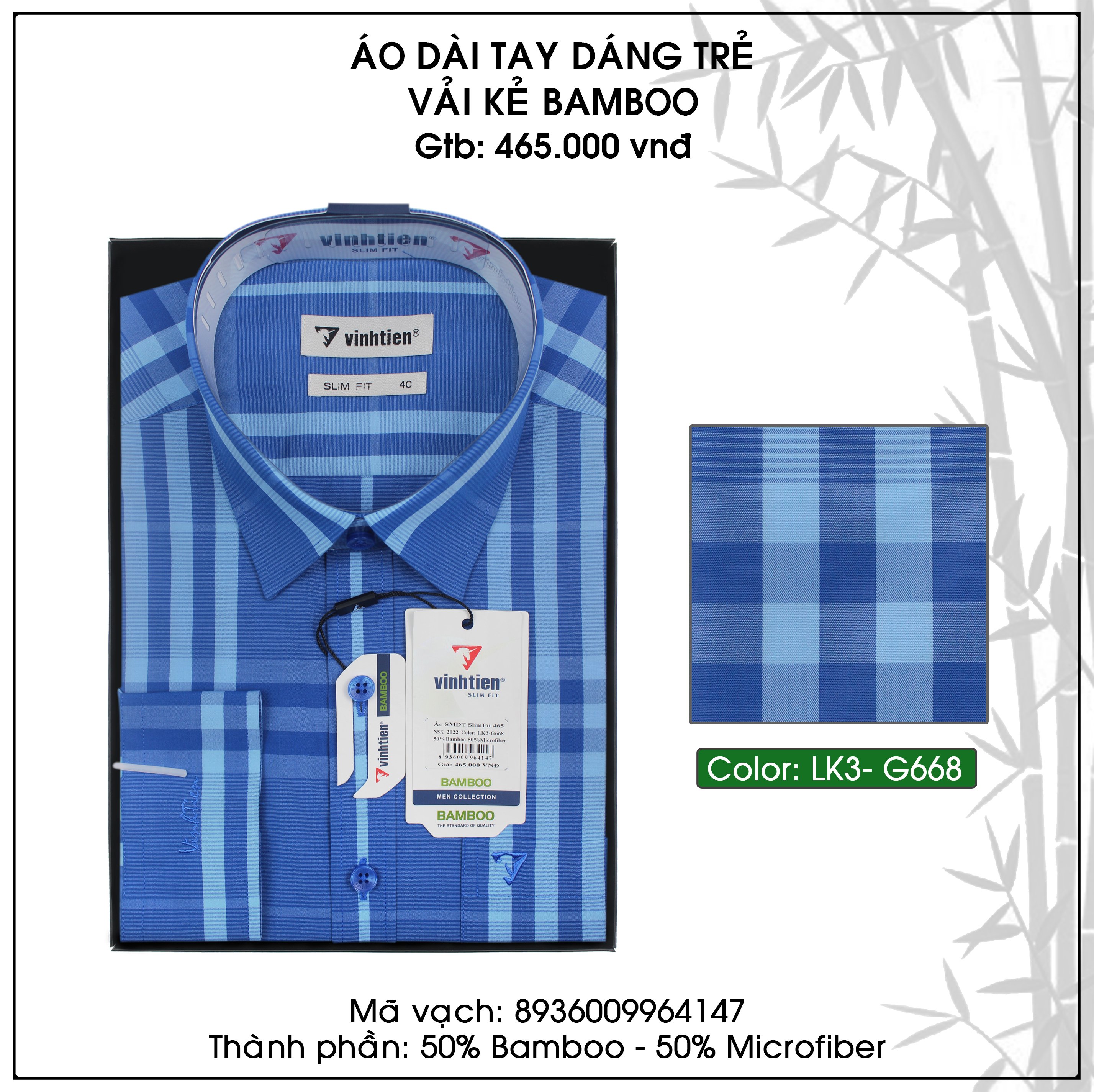 Áo Sơ Mi Tay Dài Bamboo Dáng SlimFit Vĩnh Tiến Kẻ G668