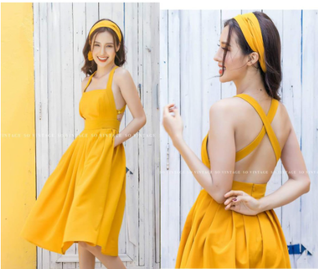 Đầm Maxi Dáng Xòe Vàng Hở Lưng Siêu Xinh