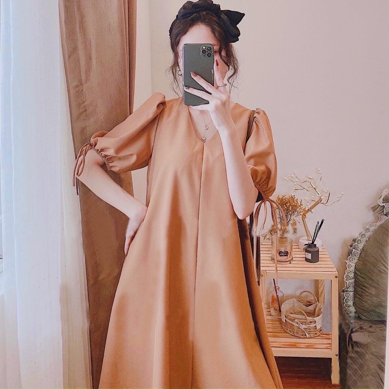 Váy đũi v04 buộc nơ tay bồng cổ tim siêu mát