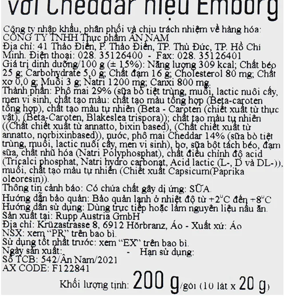 Phô mai lát Mỹ với cheddar Emborg - Gói 200gr