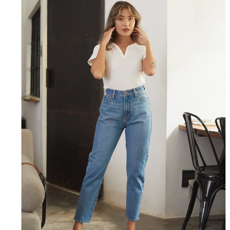 Quần Jeans Lưng Cao Nữ - Momfit Aqua Blue  ( Mã MFJ - 02B )