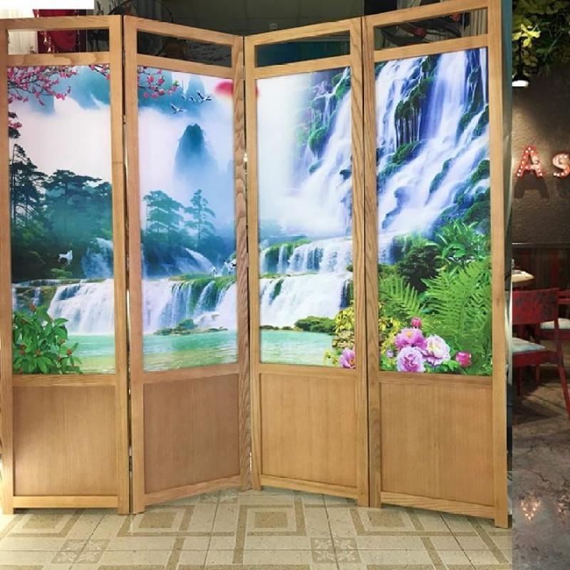 Bình phong bằng gỗ sồi tự nhiên cùng nền vải tranh 3D GT505 cao cấp