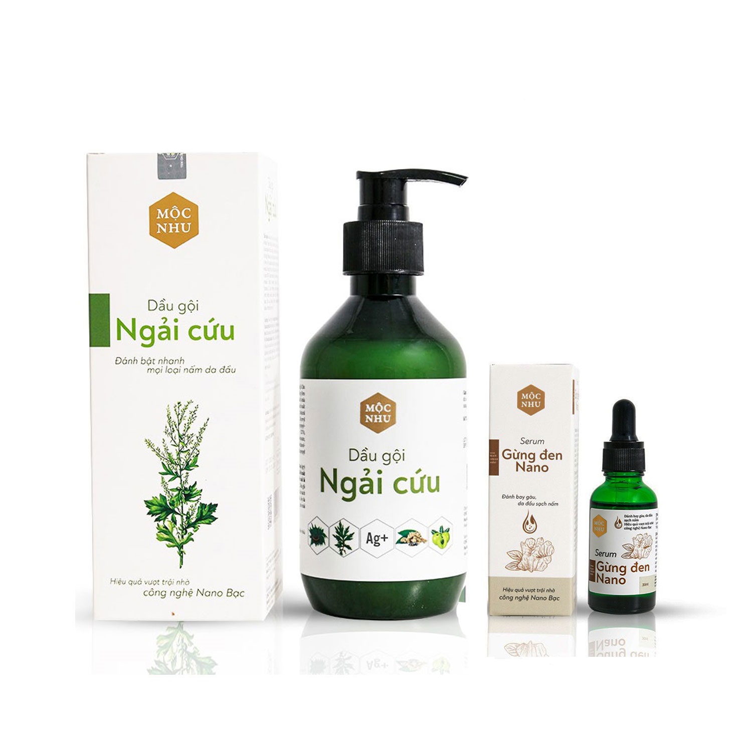 Combo dầu gội ngải cứu 300ml + serum gừng đen nano mộc nhu 30ml cho tóc gàu nấm