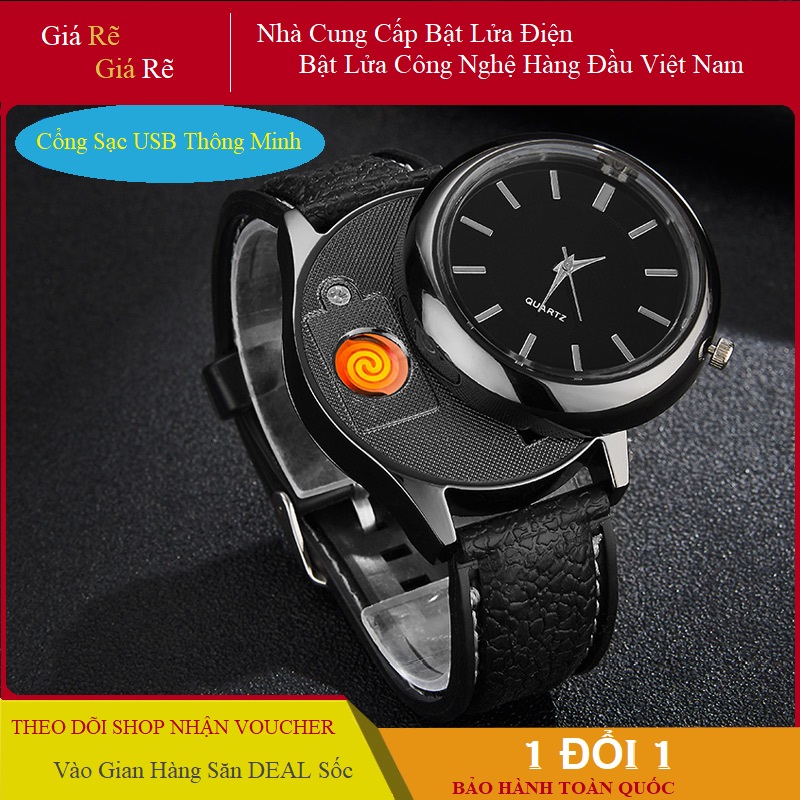 [SẠC ĐIỆN]Bật Lửa USB Sạc Điện Bật Lửa Điện Hồng Ngoại  2 Chức Năng  Kiêm Đồng Hồ Đeo Tay Mặt Kim Loại Dây Da (Mặt Tròn) - Nắng Xuân