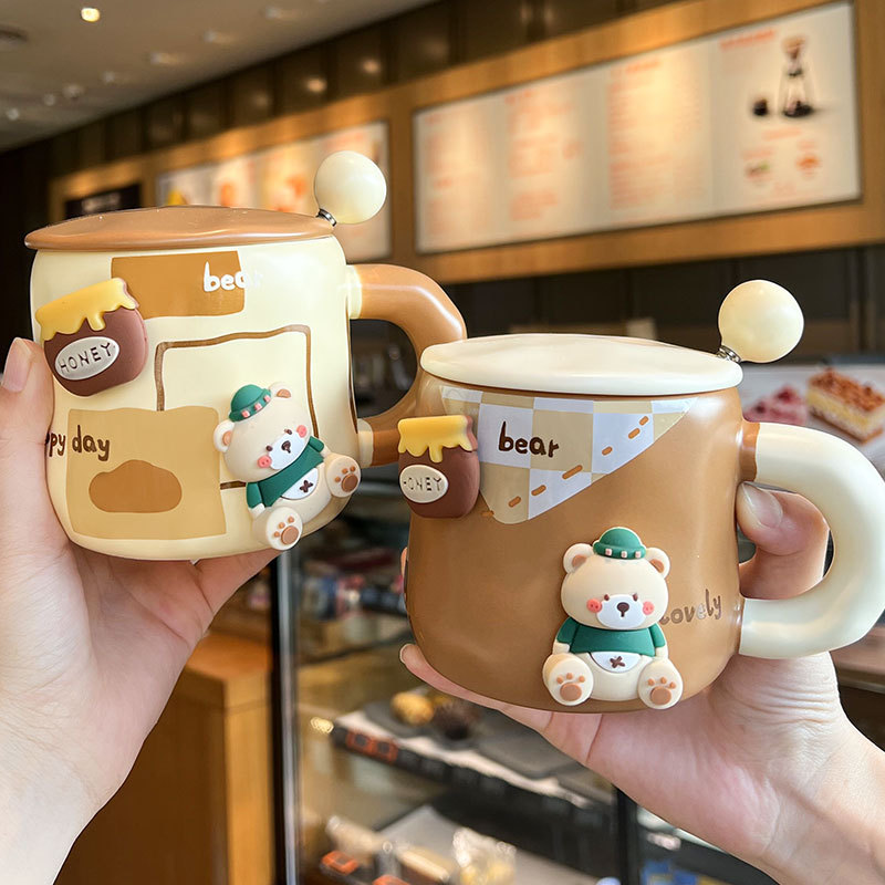 Cốc có nắp thìa cặp đôi cốc cà phê cốc gấu dễ thương cốc sứ