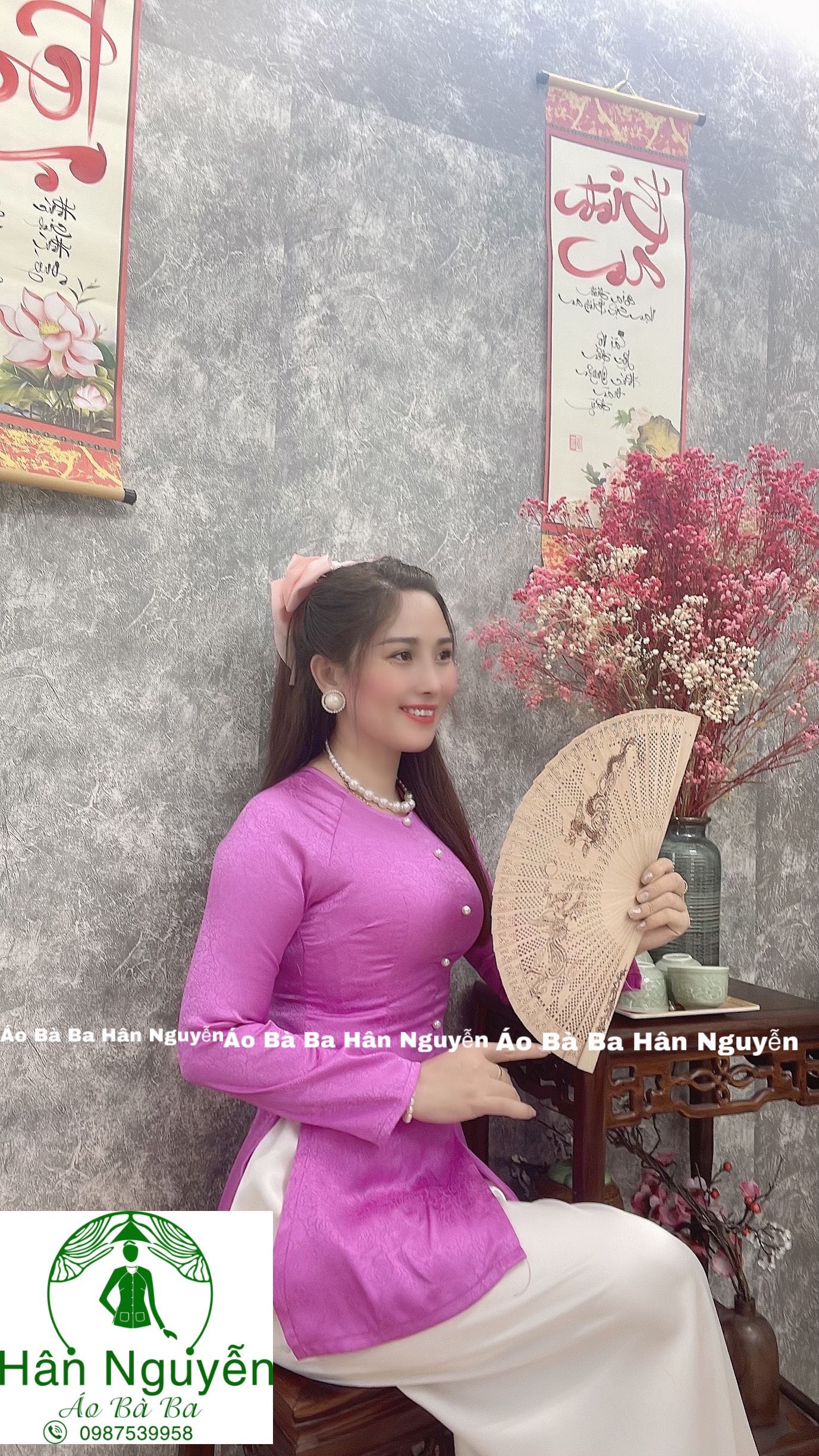 ÁO BÀ BA GẤM DÂY KÉO (HOA HỒNG) + QUẦN TRẮNG
