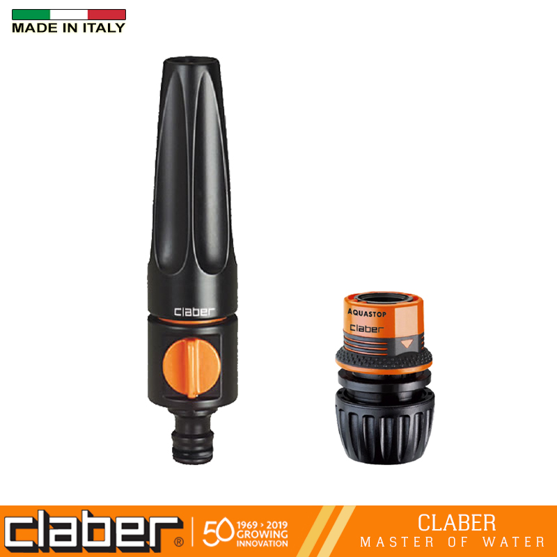 Bộ vòi xịt tưới cây và khớp nối nhanh Claber 8536-8548, nhựa ABS, vòi xịt có van khóa, điều chỉnh được 2 chế độ, kết nối ống 12-15-19mm