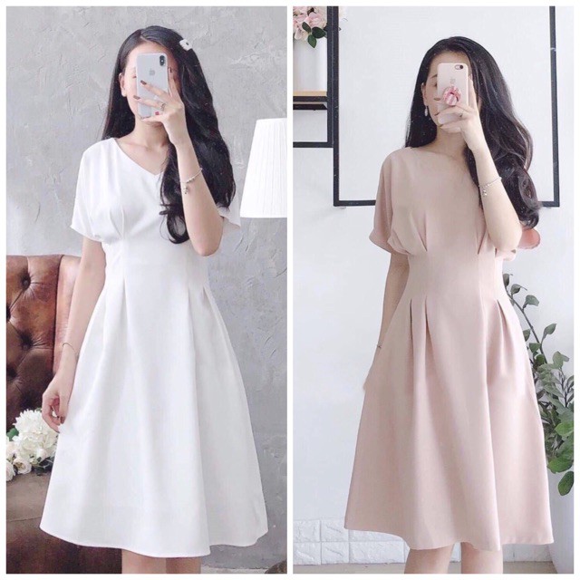 Đầm cổ V xếp li eo 2 màu