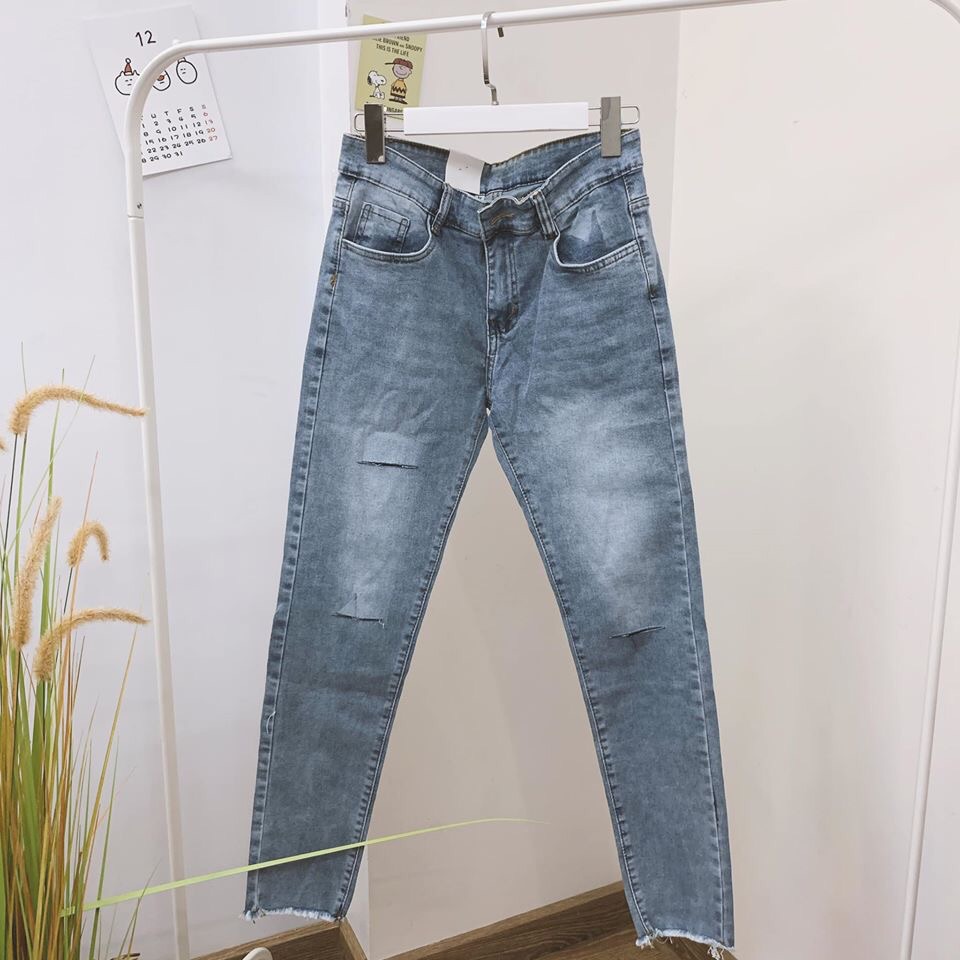Quần jeans rách gối mix rách gấu