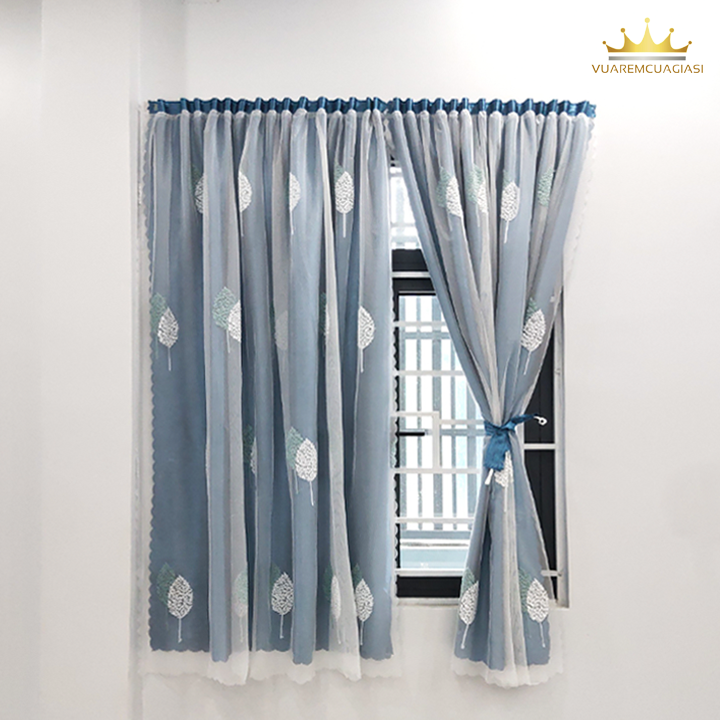 Rèm cửa dán tường màu xanh dương chống nắng 2 lớp họa tiết lá đôi xanh chống nắng cao cấp dễ lắp đặt
