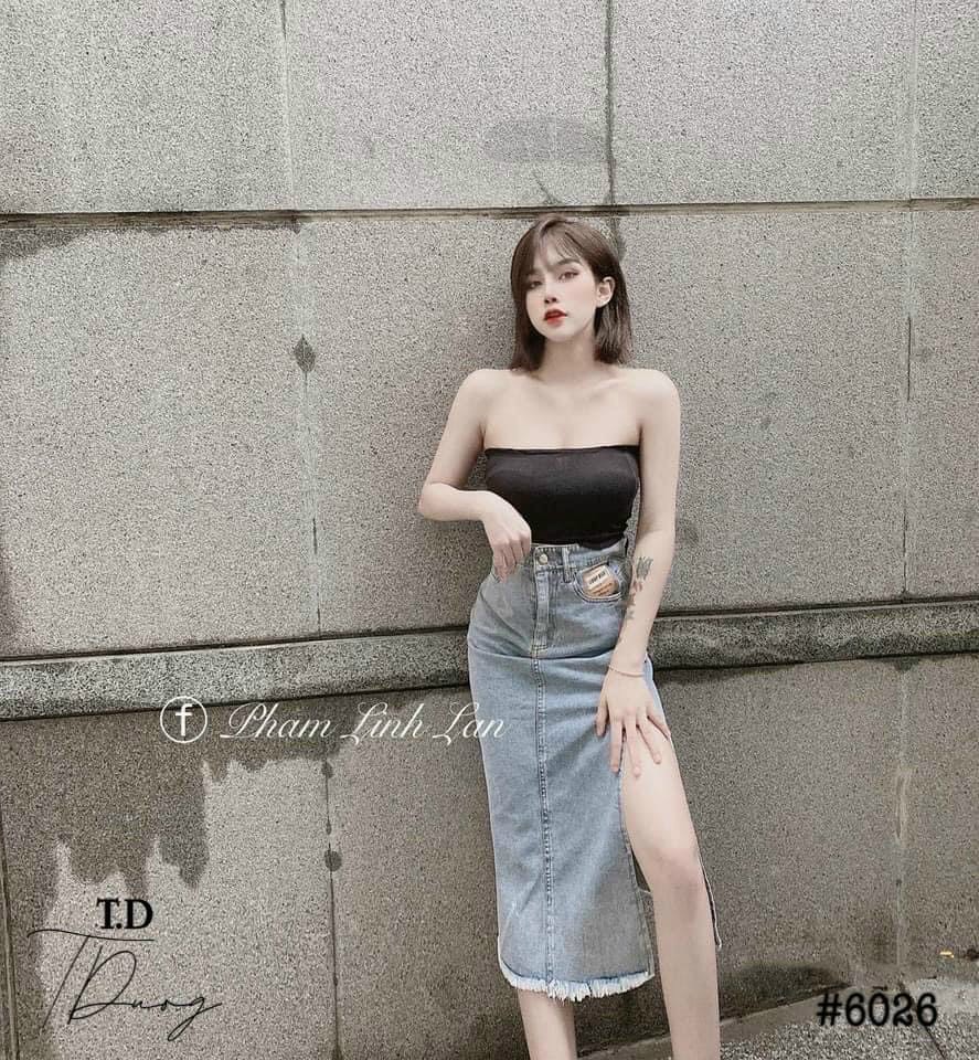 Chân váy bò dài xẻ cạnh hot hit, Chân váy jeans nữ dáng dài