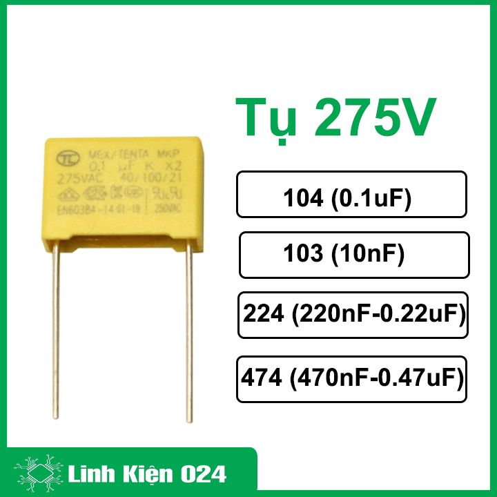 Tụ 275v, tụ lọc cao áp vuông màu vàng nhiều loại 103 / 104 / 224 / 474