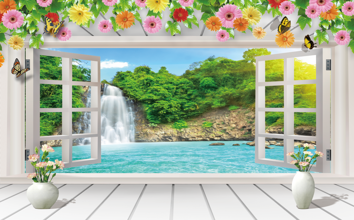 Tranh dán tường 3d cửa sổ lãng mạn nhiều kích thước