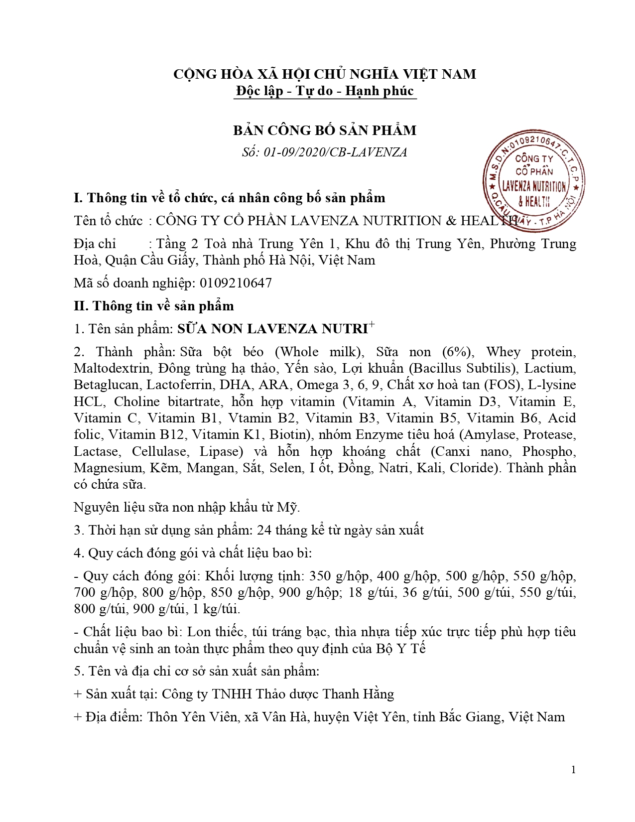 SỮA NON LAVENZA NUTRITION +