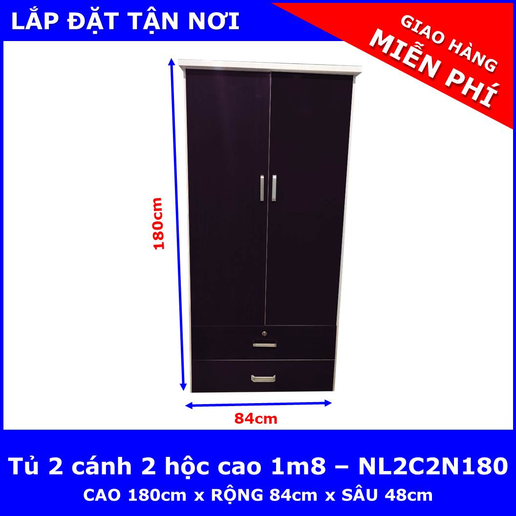 Tủ nhựa người lớn / trẻ em 2 cánh 2 hộc cao 1m85 - NL2C2N185 ( 84cm x 48cm x 185cm ) - chất liệu nhựa Đài Loan 2 lớp cao cấp - KHÔNG CONG VÊNH - KHÔNG MỐI MỌT - KHÔNG ẨM MỐC AN TOÀN KHI SỬ DỤNG
