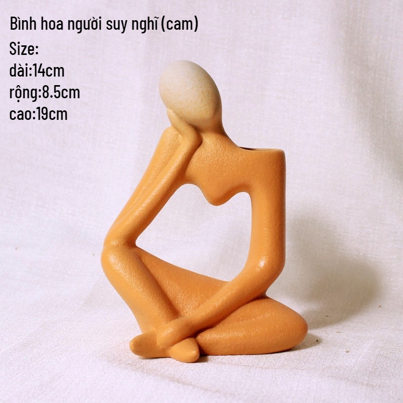 Bình cắm hoa gốm Hình người ngồi suy nghĩ trừu tượng nghệ thuật tặng kèm 2 hoa tulip decor house nội thất Mint Decor