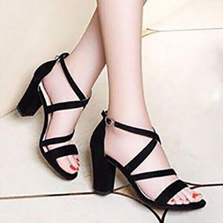 Giày/Sandal cao gót vuông 7p 2 dây mảnh chéo gót thiết kế mới