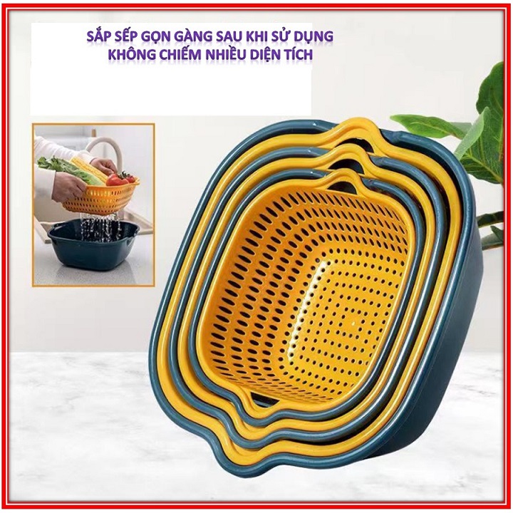 Sét 6 chậu kèm rổ nhựa đa năng - Set 6 món rổ kèm chậu bộ 3 rổ và 3chậu, thau nhựa rửa rau củ đựng hoa quả trái cây 2 lớp - Bộ rổ nhựa kèm chậu có nắp đậy, bộ rổ nhà bếp, rổ nhựa