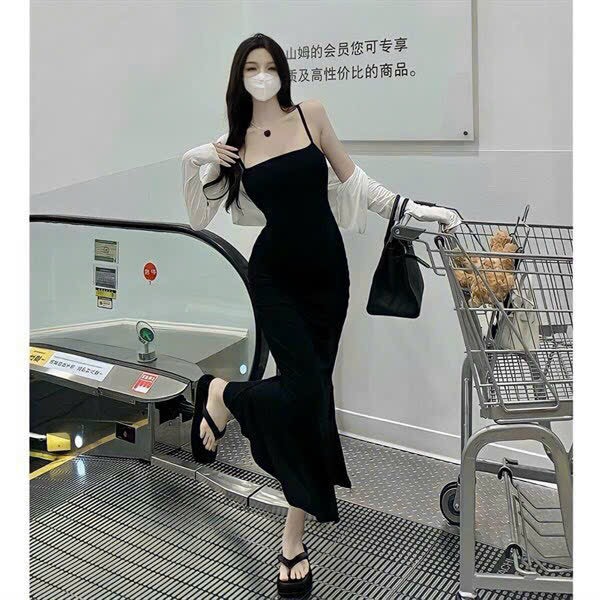 Đầm hai dây ôm body xòe đuôi cá kèm áo khoác trắng thun gân croptop, set váy basic nữ đơn giản style Hàn Quốc
