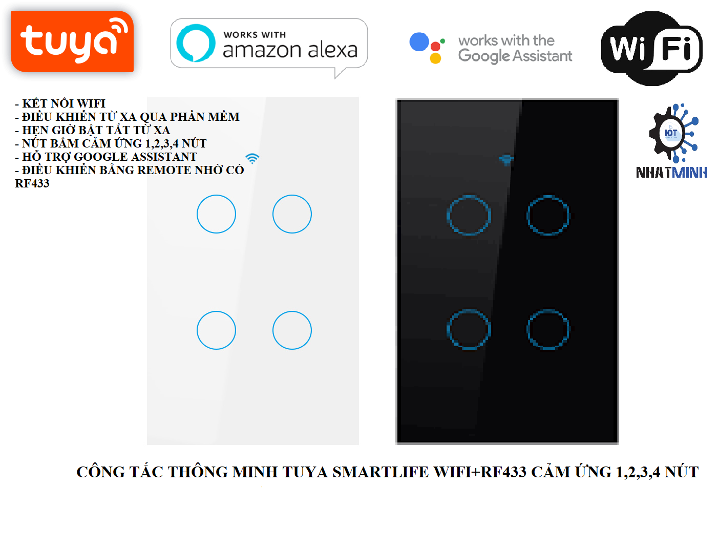 [BH 6 THÁNG]Công Tắc Wifi Tuya Smart Life (Wifi+RF433) 4 Nút Chữ Nhật Cảm Ứng mặt kính 4 nút cho nhà thông minh