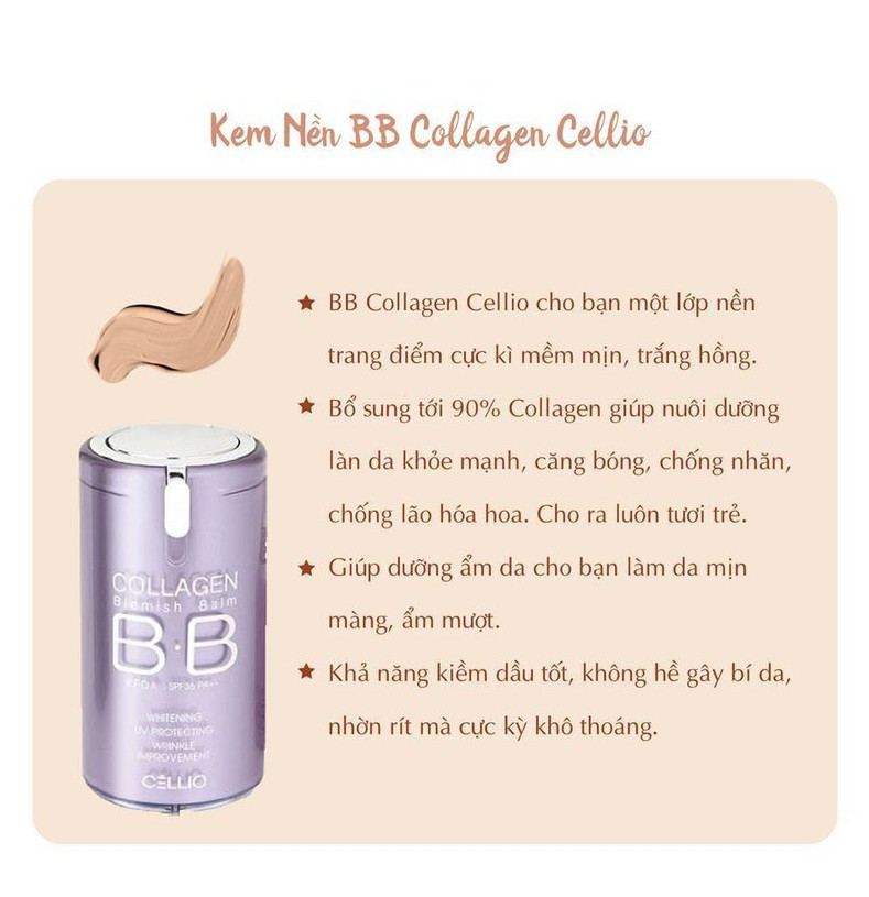 Kem nền bb cream collagen cellio spf 40 pa+++ mỏng nhẹ che khuyết điểm