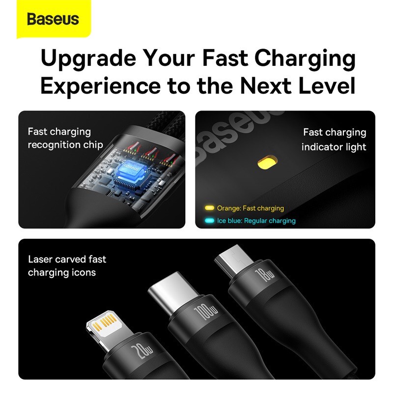 Cáp sạc nhanh 3 đầu Baseus Flash Series 3 in1 Plus (USB+ Type C to Micro+Lightning + Type C, 100W Quick Charge and Data Cable)