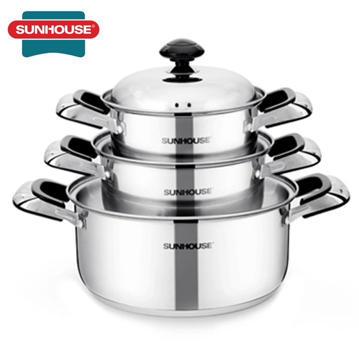 Bộ nồi inox 3 đáy Sunhouse SH333, Cấu tạo đáy 3 lớp truyền nhiệt nhanh, giữ nhiệt tốt, hạn chế cháy khét thực phẩm, Chất liệu inox cao cấp không bị oxy hoá, bền đẹp, đa dạng kích cỡ, Sử dụng trên mọi loại bếp