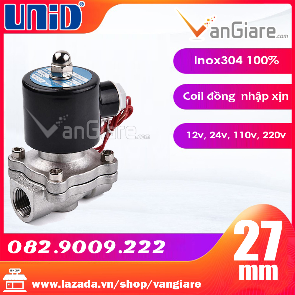Van điện từ INOX phi 27mm (Đầu coil nhập XỊN) UWS Uni-D, thường đóng 12v 24v 220v