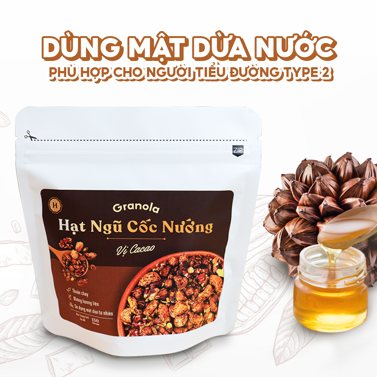 Granola nướng mật dừa giòn tan, 8 loại hạt ngũ cốc giảm cân, 0 trái cây sấy, GI thấp - Túi 80g/150g/400g - Heyday Cacao