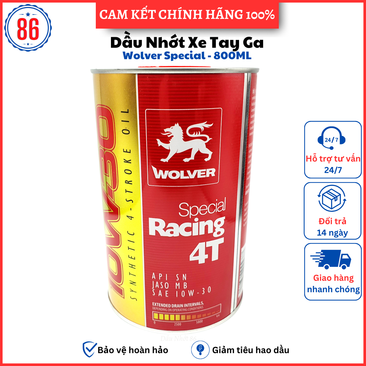 Thùng 6 lon nhớt tổng hợp xe tay ga cao cấp Wolver Special Racing 10w30 800ML
