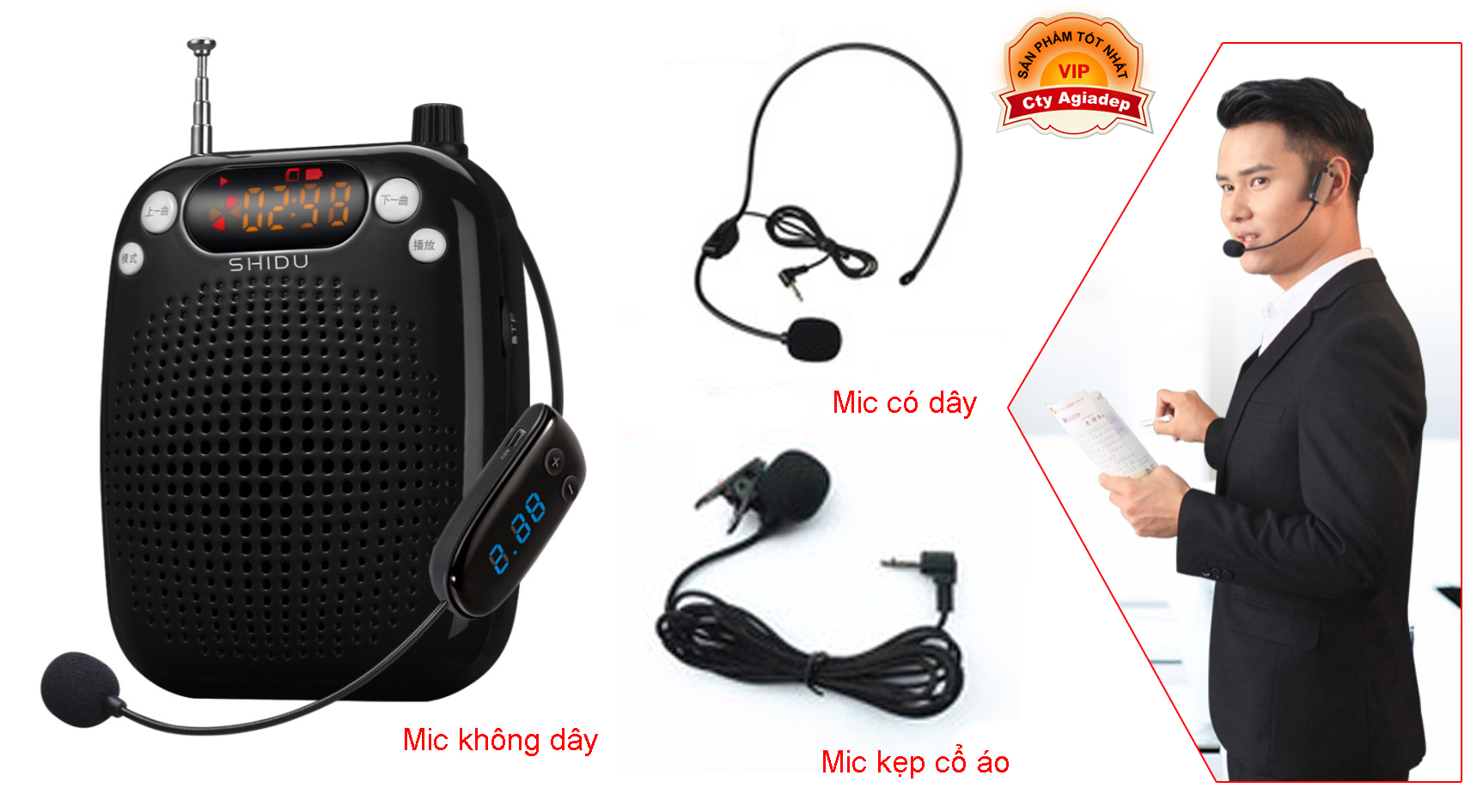 Mic trợ giảng, Loa trợ giảng không dây Loại xịn (3 Mic ko dây + Mic có dây + Mic cổ áo) Shidu AS611